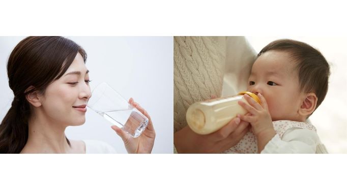 水を飲む女性とミルクを飲む赤ちゃん